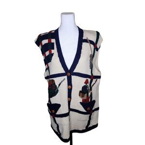 Vintage 90s Berek Hand Knit Fishing Sweater Vest Womens XL White Blue Novelty
